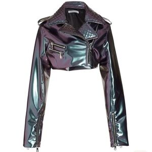 LaQuan Smith Metallic Cyberpunk Cropped Moto Jacket Sz XS Iridescent Holographic
